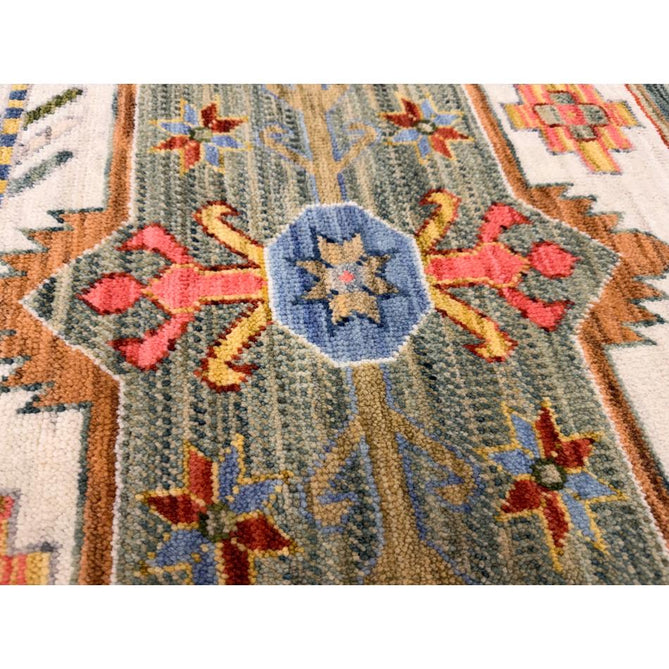 Nomad Vintage Traditional Persian Geometric Medallion Floral Border Low-Profile Wool Blend Loop Pile Green/Multicolour Rug