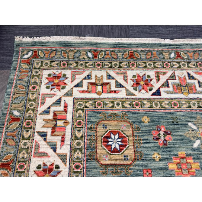 Nomad Vintage Traditional Persian Geometric Medallion Floral Border Low-Profile Wool Blend Loop Pile Green/Multicolour Rug