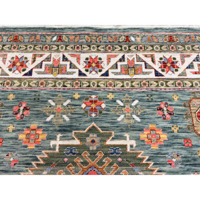 Nomad Vintage Traditional Persian Geometric Medallion Floral Border Low-Profile Wool Blend Loop Pile Green/Multicolour Rug