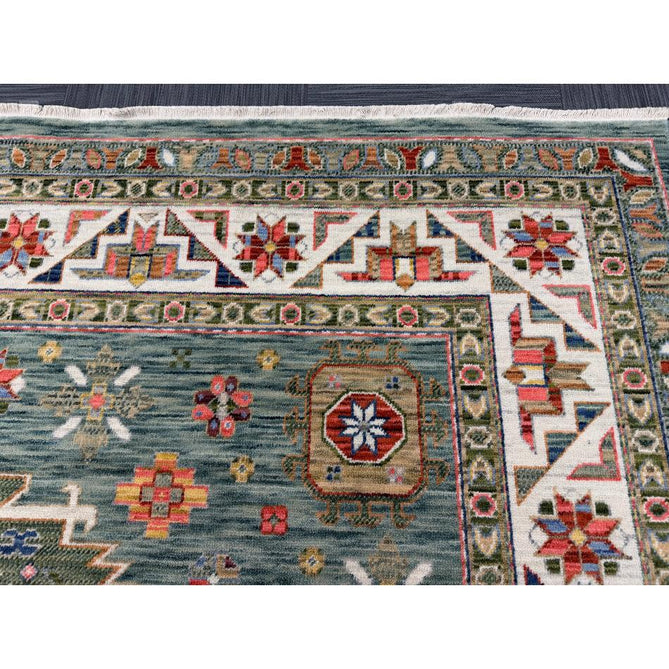 Nomad Vintage Traditional Persian Geometric Medallion Floral Border Low-Profile Wool Blend Loop Pile Green/Multicolour Rug
