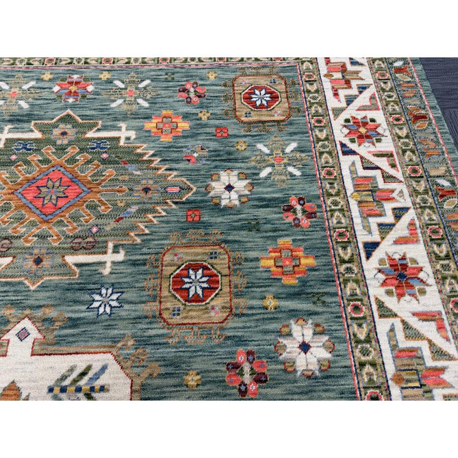 Nomad Vintage Traditional Persian Geometric Medallion Floral Border Low-Profile Wool Blend Loop Pile Green/Multicolour Rug