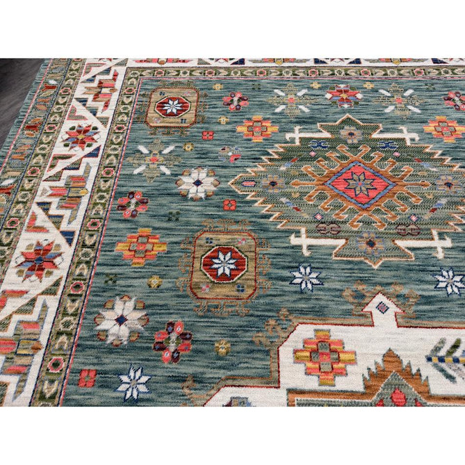 Nomad Vintage Traditional Persian Geometric Medallion Floral Border Low-Profile Wool Blend Loop Pile Green/Multicolour Rug