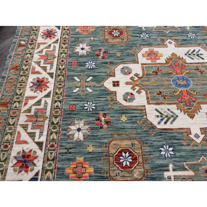 Nomad Vintage Traditional Persian Geometric Medallion Floral Border Low-Profile Wool Blend Loop Pile Green/Multicolour Rug