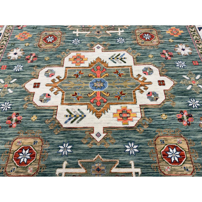 Nomad Vintage Traditional Persian Geometric Medallion Floral Border Low-Profile Wool Blend Loop Pile Green/Multicolour Rug