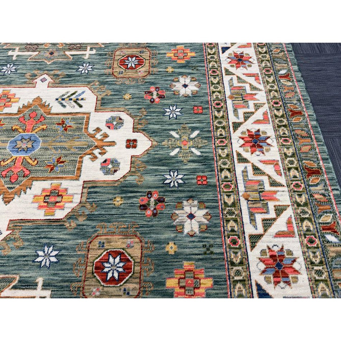 Nomad Vintage Traditional Persian Geometric Medallion Floral Border Low-Profile Wool Blend Loop Pile Green/Multicolour Rug