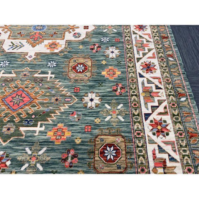 Nomad Vintage Traditional Persian Geometric Medallion Floral Border Low-Profile Wool Blend Loop Pile Green/Multicolour Rug
