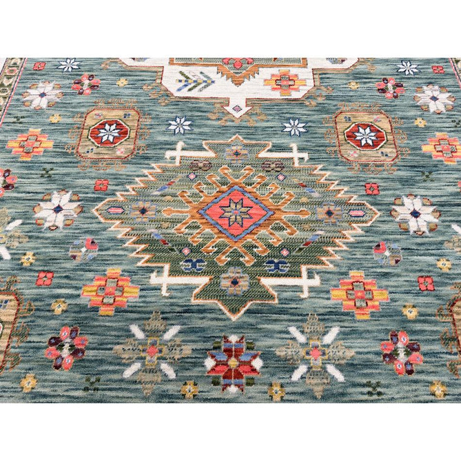 Nomad Vintage Traditional Persian Geometric Medallion Floral Border Low-Profile Wool Blend Loop Pile Green/Multicolour Rug
