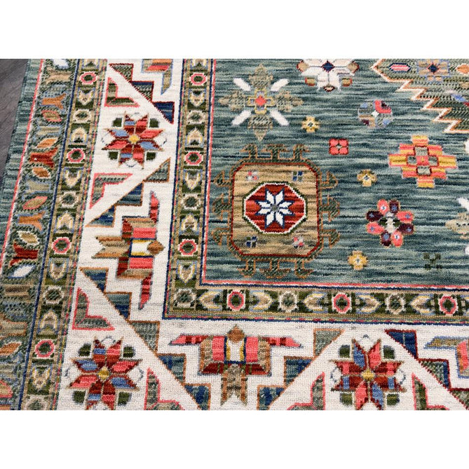 Nomad Vintage Traditional Persian Geometric Medallion Floral Border Low-Profile Wool Blend Loop Pile Green/Multicolour Rug