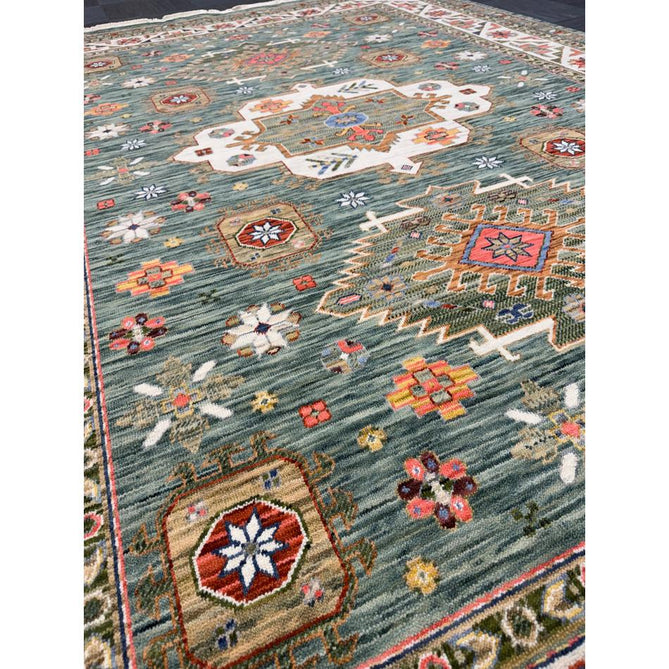 Nomad Vintage Traditional Persian Geometric Medallion Floral Border Low-Profile Wool Blend Loop Pile Green/Multicolour Rug