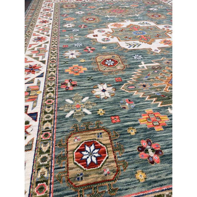 Nomad Vintage Traditional Persian Geometric Medallion Floral Border Low-Profile Wool Blend Loop Pile Green/Multicolour Rug