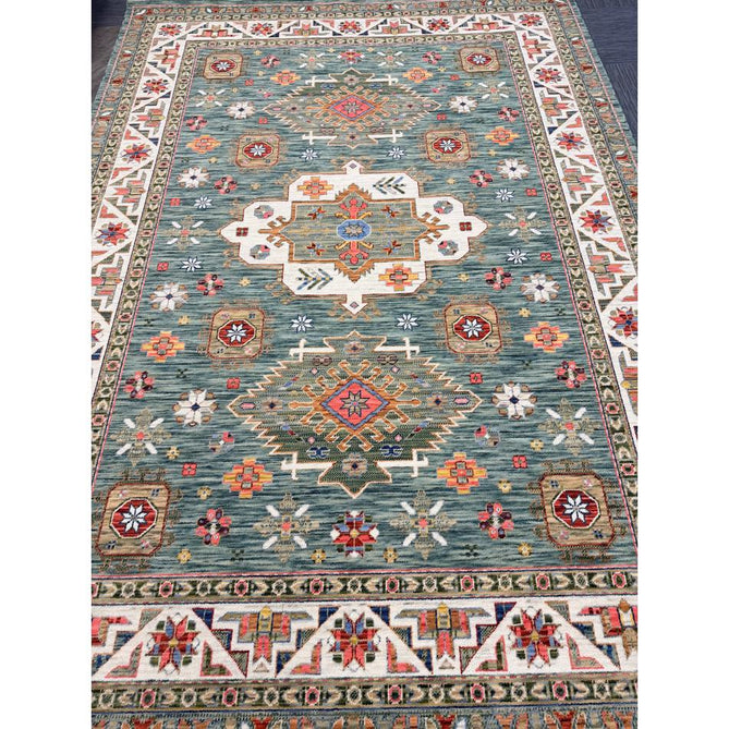 Nomad Vintage Traditional Persian Geometric Medallion Floral Border Low-Profile Wool Blend Loop Pile Green/Multicolour Rug
