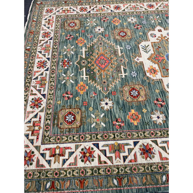 Nomad Vintage Traditional Persian Geometric Medallion Floral Border Low-Profile Wool Blend Loop Pile Green/Multicolour Rug