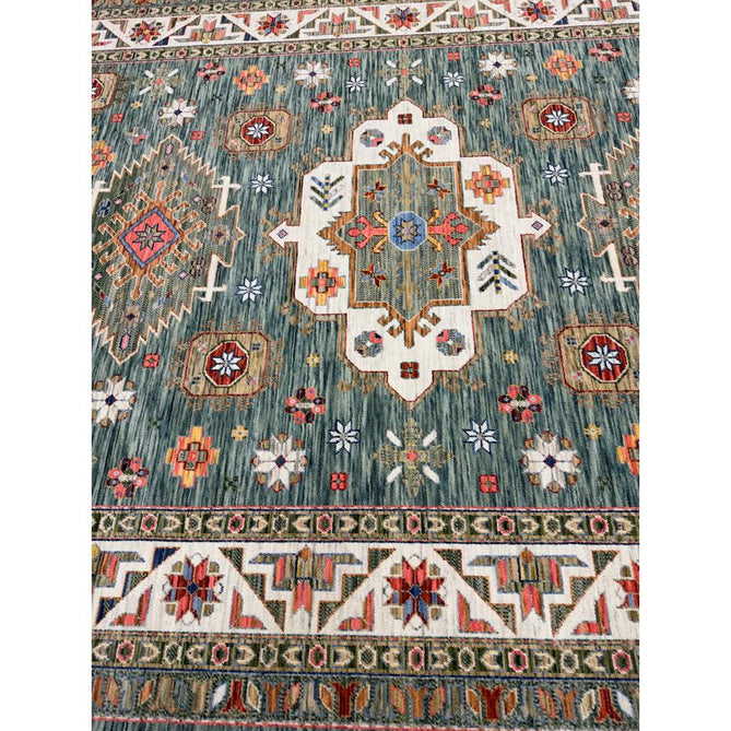 Nomad Vintage Traditional Persian Geometric Medallion Floral Border Low-Profile Wool Blend Loop Pile Green/Multicolour Rug