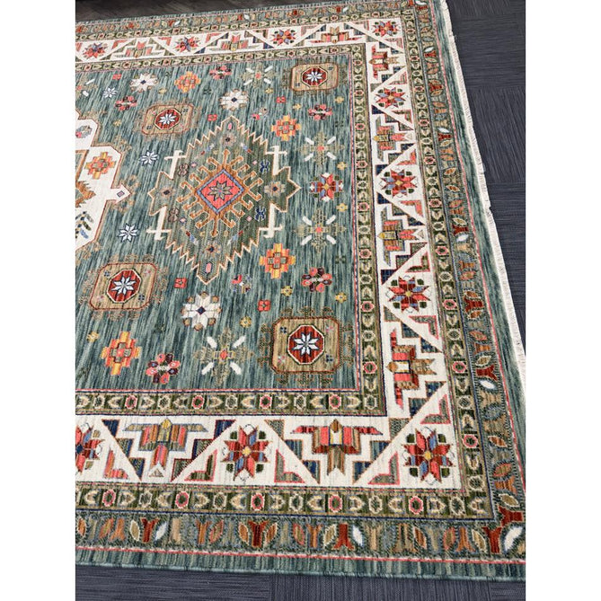 Nomad Vintage Traditional Persian Geometric Medallion Floral Border Low-Profile Wool Blend Loop Pile Green/Multicolour Rug