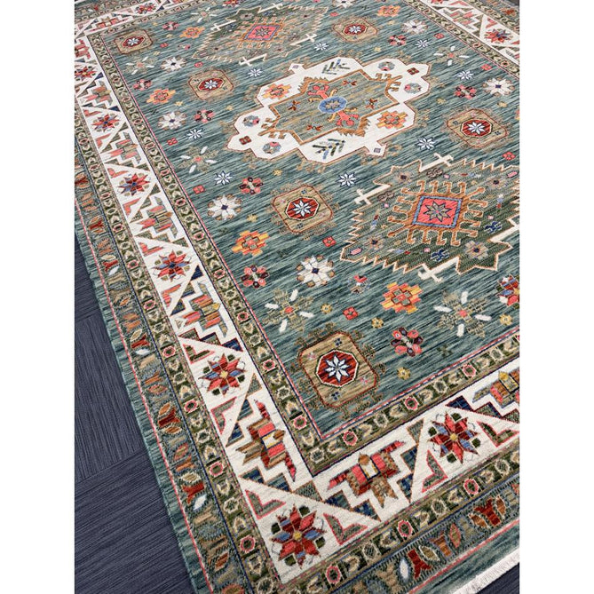 Nomad Vintage Traditional Persian Geometric Medallion Floral Border Low-Profile Wool Blend Loop Pile Green/Multicolour Rug