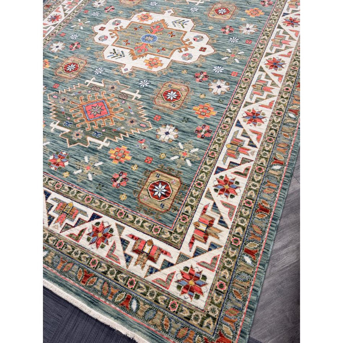 Nomad Vintage Traditional Persian Geometric Medallion Floral Border Low-Profile Wool Blend Loop Pile Green/Multicolour Rug