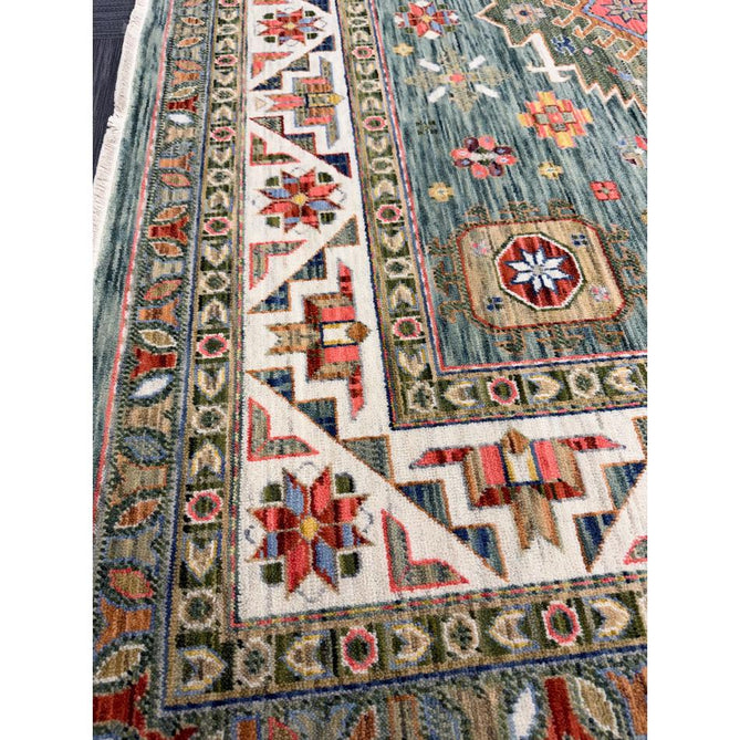 Nomad Vintage Traditional Persian Geometric Medallion Floral Border Low-Profile Wool Blend Loop Pile Green/Multicolour Rug