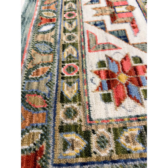Nomad Vintage Traditional Persian Geometric Medallion Floral Border Low-Profile Wool Blend Loop Pile Green/Multicolour Rug