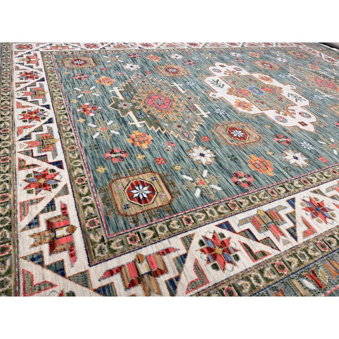 Nomad Vintage Traditional Persian Geometric Medallion Floral Border Low-Profile Wool Blend Loop Pile Green/Multicolour Rug