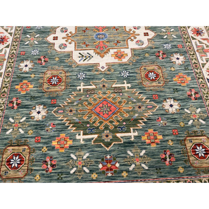 Nomad Vintage Traditional Persian Geometric Medallion Floral Border Low-Profile Wool Blend Loop Pile Green/Multicolour Rug