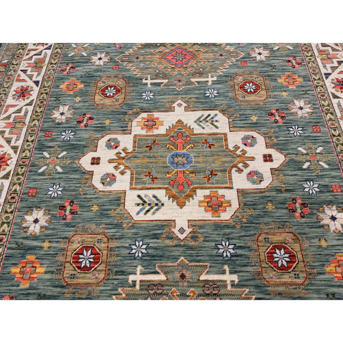 Nomad Vintage Traditional Persian Geometric Medallion Floral Border Low-Profile Wool Blend Loop Pile Green/Multicolour Rug