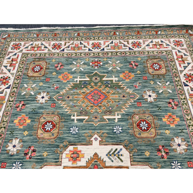 Nomad Vintage Traditional Persian Geometric Medallion Floral Border Low-Profile Wool Blend Loop Pile Green/Multicolour Rug