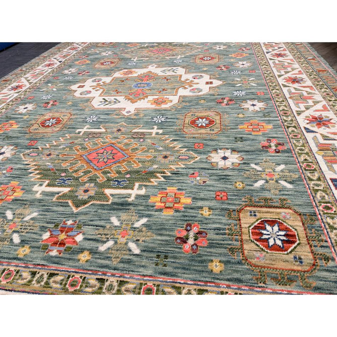Nomad Vintage Traditional Persian Geometric Medallion Floral Border Low-Profile Wool Blend Loop Pile Green/Multicolour Rug