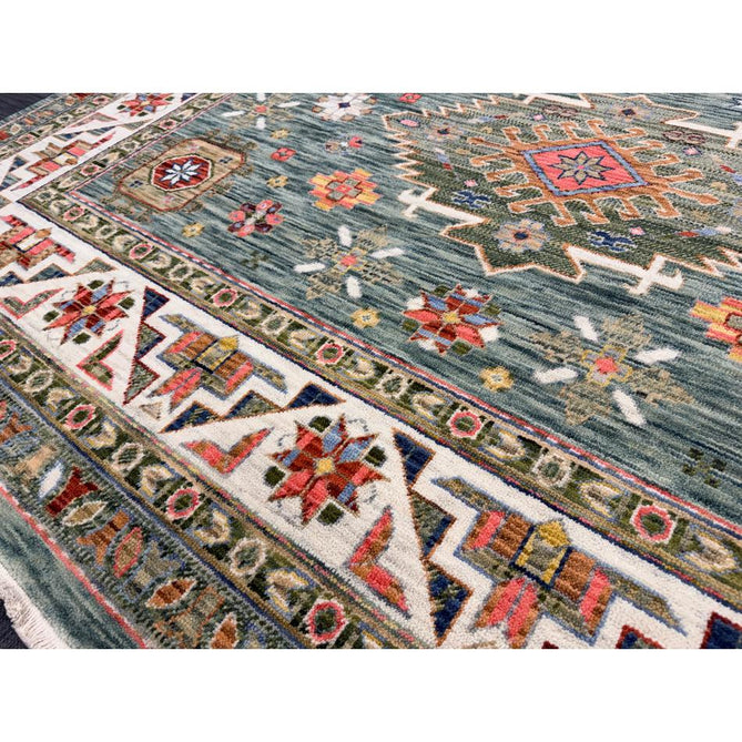 Nomad Vintage Traditional Persian Geometric Medallion Floral Border Low-Profile Wool Blend Loop Pile Green/Multicolour Rug
