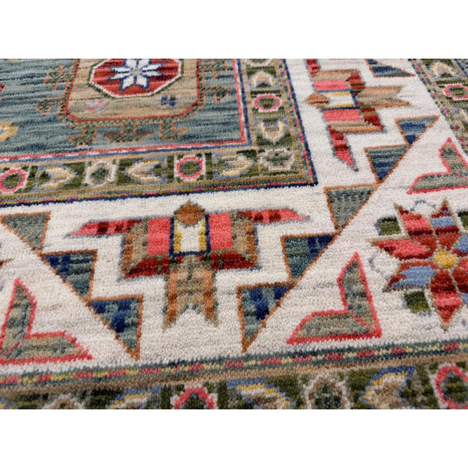 Nomad Vintage Traditional Persian Geometric Medallion Floral Border Low-Profile Wool Blend Loop Pile Green/Multicolour Rug