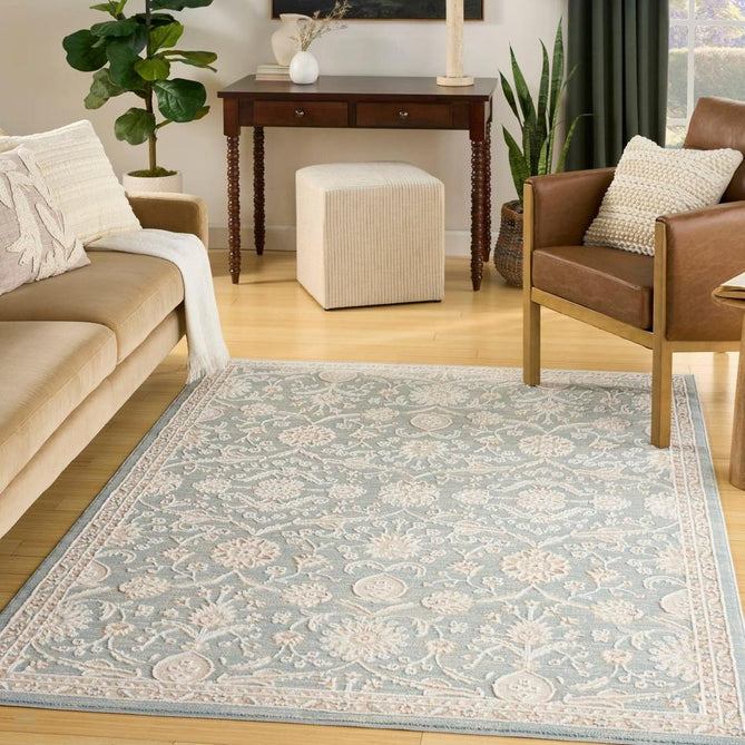 Isla ISL01 Traditional Floral Border Soft-Touch Textured Hi-Lo Polyblend Low-Profile Short Pile Blue Rug-Nourison-Rug Love - The Most Loved Rug Store