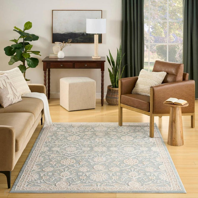Isla ISL01 Traditional Floral Border Soft-Touch Textured Hi-Lo Polyblend Low-Profile Short Pile Blue Rug-Nourison-Rug Love - The Most Loved Rug Store