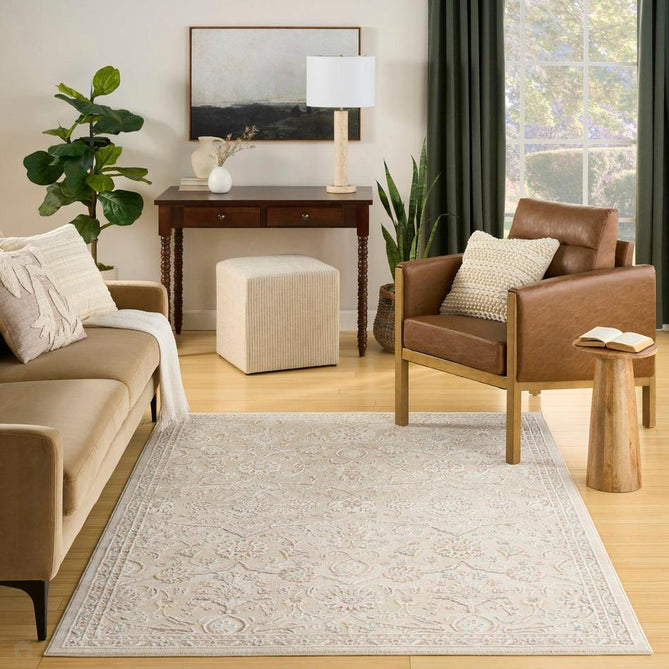 Isla ISL01 Traditional Floral Border Soft-Touch Textured Hi-Lo Polyblend Low-Profile Short Pile Ivory Rug-Nourison-Rug Love - The Most Loved Rug Store
