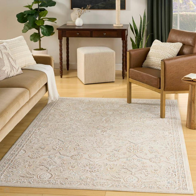 Isla ISL01 Traditional Floral Border Soft-Touch Textured Hi-Lo Polyblend Low-Profile Short Pile Ivory Rug-Nourison-Rug Love - The Most Loved Rug Store