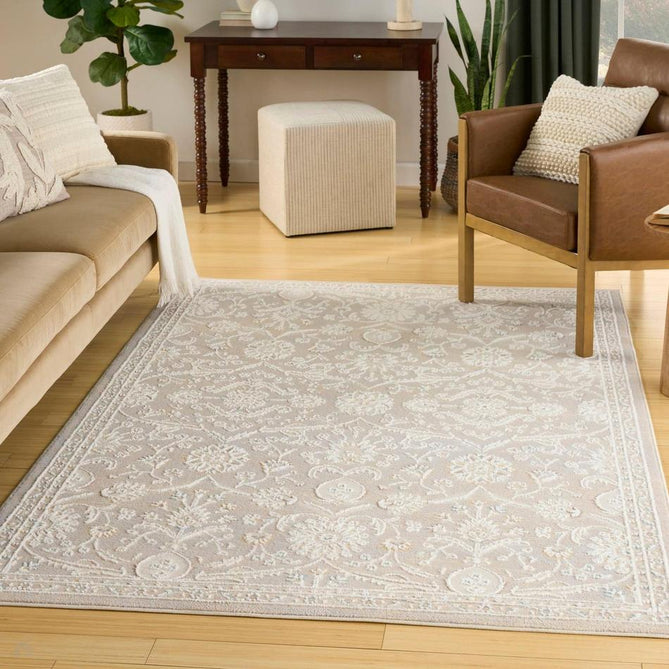Isla ISL01 Traditional Floral Border Soft-Touch Textured Hi-Lo Polyblend Low-Profile Short Pile Light Grey Rug-Nourison-Rug Love - The Most Loved Rug Store