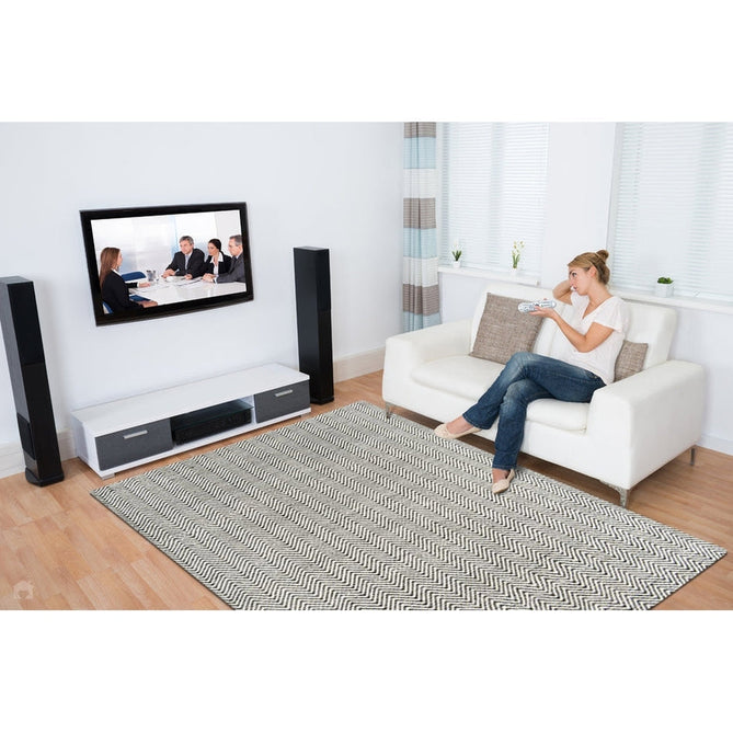 Ives Modern Geometric Chevron Zigzag Hand-Woven Jute&Cotton Durable Textured Soft-Touch Flatweave White/Black Rug-Asiatic Carpets-Rug Love - The Most Loved Rug Store