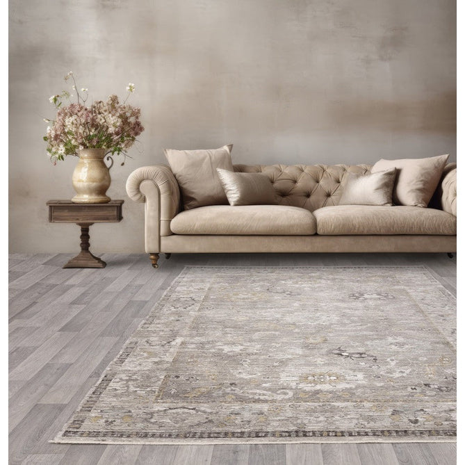 Jasper JA03 Traditional Vintage Distressed Shimmer Floral Heirloom Border Soft-Touch Polyester Low Profile Short Pile Taupe/Grey Rug-Asiatic Carpets-Rug Love - The Most Loved Rug Store