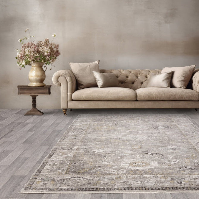 Jasper JA03 Traditional Vintage Distressed Shimmer Floral Heirloom Border Soft-Touch Polyester Low Profile Short Pile Taupe/Grey Rug-Asiatic Carpets-Rug Love - The Most Loved Rug Store
