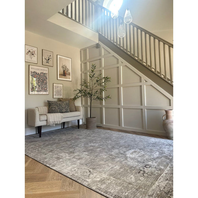Jasper JA03 Traditional Vintage Distressed Shimmer Floral Heirloom Border Soft-Touch Polyester Low Profile Short Pile Taupe/Grey Rug-Asiatic Carpets-Rug Love - The Most Loved Rug Store