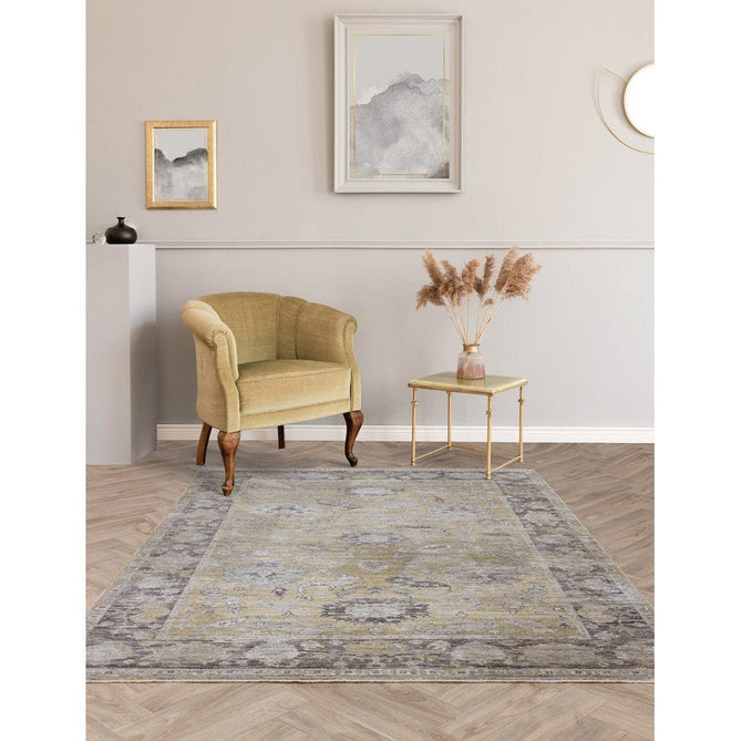 Jasper JA06 Traditional Vintage Distressed Shimmer Floral Heirloom Border Soft-Touch Polyester Low Profile Short Pile Pale Light Gold/Grey Rug-Asiatic Carpets-Rug Love - The Most Loved Rug Store