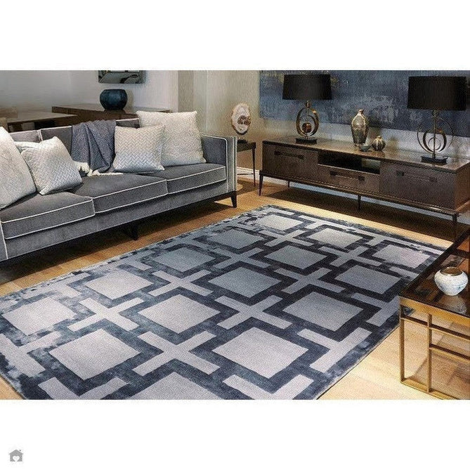 Katherine Carnaby Eaton Modern Designer Geometric Super-Soft Hand-Woven High-Density Textured Silky Metallic Shimmer Viscose Flatweave Storm Blue Rug-Asiatic Carpets-Rug Love - The Most Loved Rug Store
