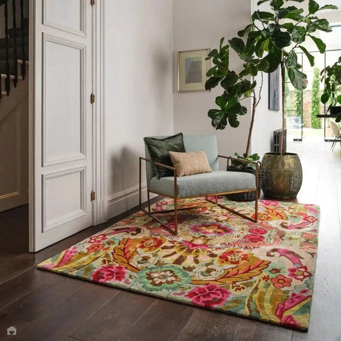 Katherine Carnaby Historia Modern Botanical Floral Thangka Metallic Shimmer High-Density Smooth Soft-Touch Handmade Viscose Sage/Fuchsia/Mustard/Cream/Peach Rug-Asiatic Carpets-Rug Love - The Most Loved Rug Store