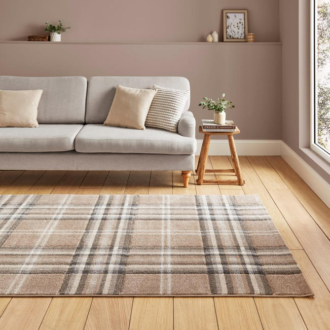 Catherine Lansfield Kelso Check Modern Geometric Tartan Durable Easy-Care Carved High Density Polyproplyene Warm Beige Rug