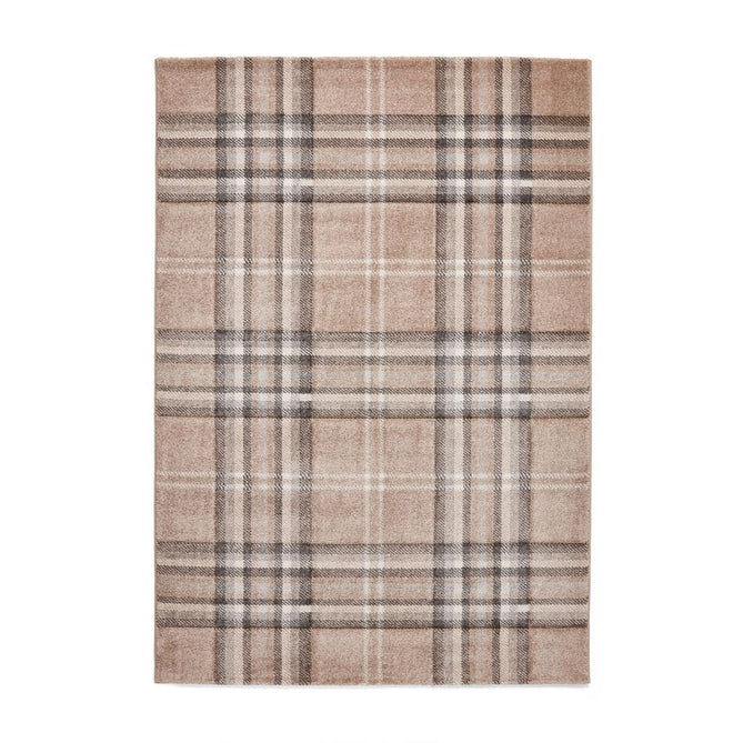 Catherine Lansfield Kelso Check Modern Geometric Tartan Durable Easy-Care Carved High Density Polyproplyene Warm Beige Rug