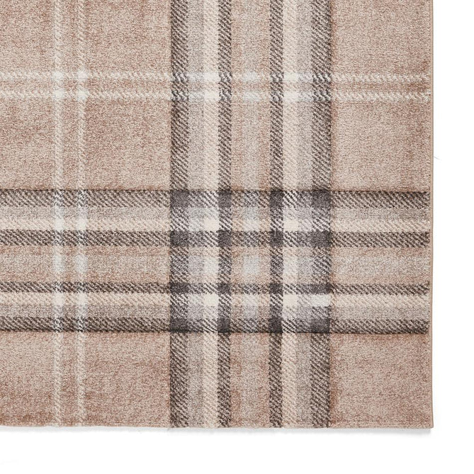 Catherine Lansfield Kelso Check Modern Geometric Tartan Durable Easy-Care Carved High Density Polyproplyene Warm Beige Rug