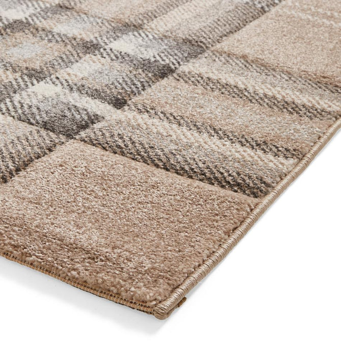 Catherine Lansfield Kelso Check Modern Geometric Tartan Durable Easy-Care Carved High Density Polyproplyene Warm Beige Rug