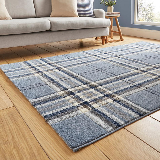 Catherine Lansfield Kelso Check Modern Geometric Tartan Durable Easy-Care Carved High Density Polyproplyene Blue Rug