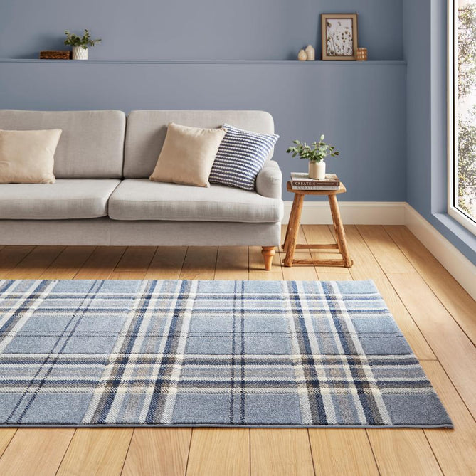 Catherine Lansfield Kelso Check Modern Geometric Tartan Durable Easy-Care Carved High Density Polyproplyene Blue Rug