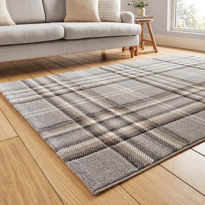 Catherine Lansfield Kelso Check Modern Geometric Tartan Durable Easy-Care Carved High Density Polyproplyene Grey Rug