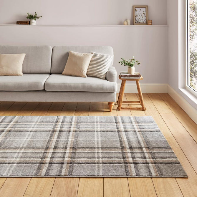 Catherine Lansfield Kelso Check Modern Geometric Tartan Durable Easy-Care Carved High Density Polyproplyene Grey Rug