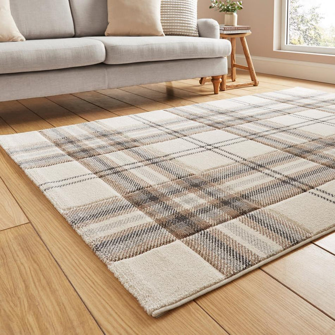 Catherine Lansfield Kelso Check Modern Geometric Tartan Durable Easy-Care Carved High Density Polyproplyene Cream/Natural Rug